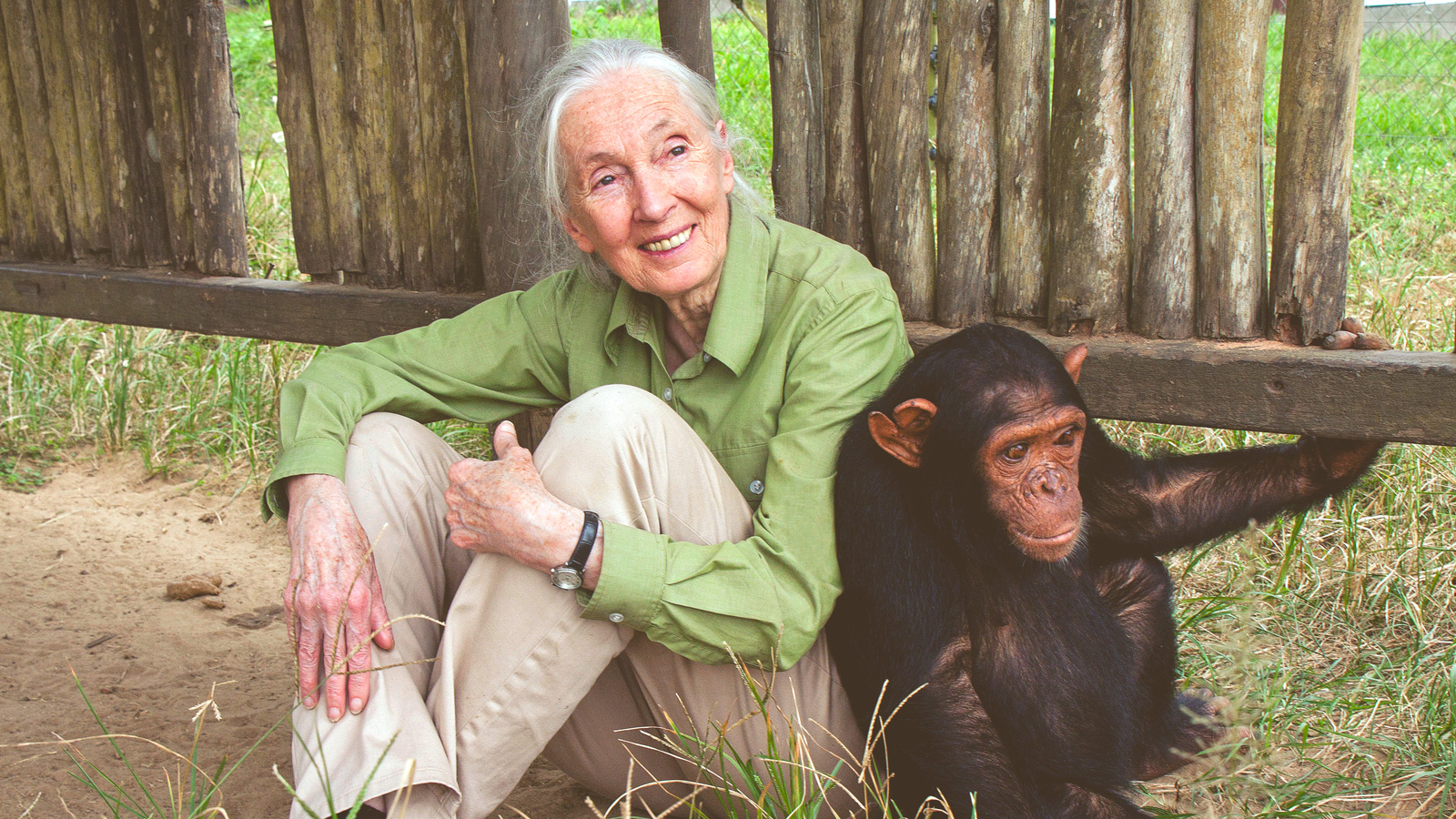 Dr. Jane Goodall smiling as she sits beside a young sanctuary chimpanzee who leans against her shoulder